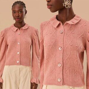 NWT FARM Rio Lightweight Ruffle Knit Long Puff Sleeve Cardigan Pink Size: Large